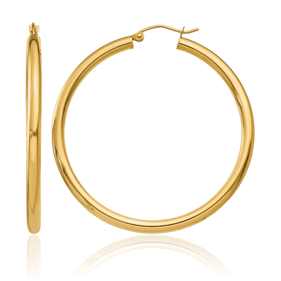 14K Solid Yellow Gold 3mm Tube Round Large Hoop Earrings