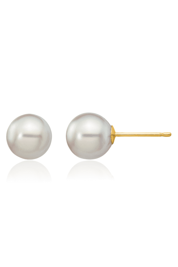 14K Solid Yellow Gold 7mm Grey Round Akoya Saltwater Cultured Pearl Stud Earrings