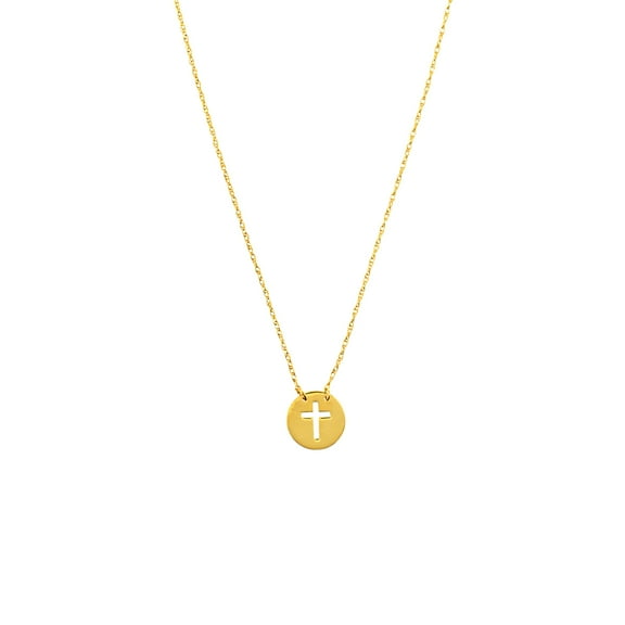 14kt Yellow Gold Adjustable 16"- 18" Mini Disk Cut Out Cross Women's Necklace on a Pendant Rope Chain and Spring Ring Closure