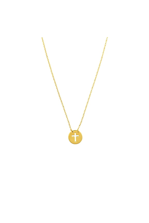 14kt Yellow Gold Adjustable 16"- 18" Mini Disk Cut Out Cross Women's Necklace on a Pendant Rope Chain and Spring Ring Closure