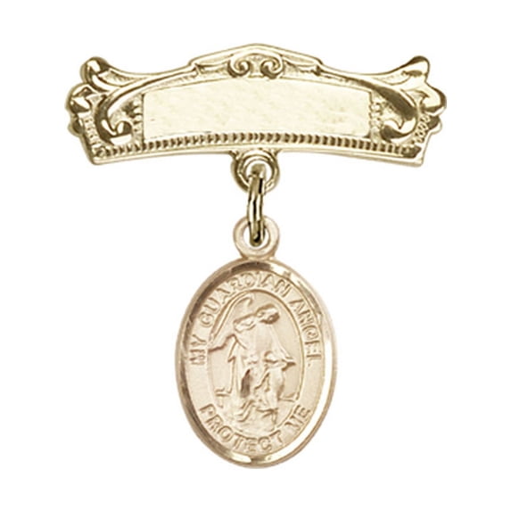 14kt Yellow Gold Baby Badge with Guardian Angel Charm and Arched Polished Badge Pin 7/8 X 3/4 inches