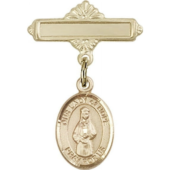 14kt Yellow Gold Baby Badge with Our Lady of Hope Charm and Polished Badge Pin 1 X 5/8 inches