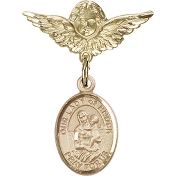 14kt Yellow Gold Baby Badge with Our Lady of Knock Charm and Angel w/Wings Badge Pin 1 X 3/4 inches