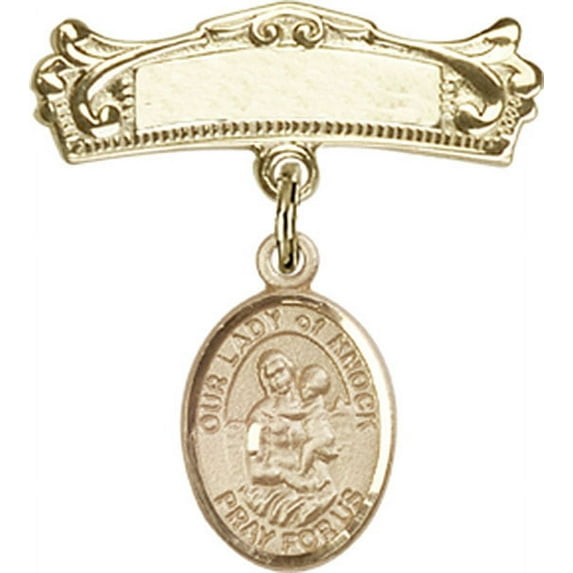 14kt Yellow Gold Baby Badge with Our Lady of Knock Charm and Arched Polished Badge Pin 7/8 X 3/4 inches