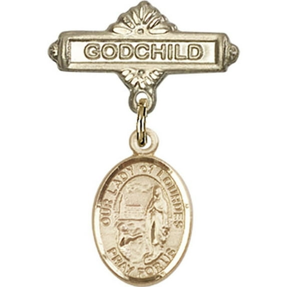 14kt Yellow Gold Baby Badge with Our Lady of Lourdes Charm and Godchild Badge Pin 1 X 5/8 inches