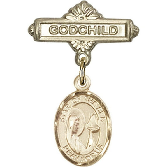 14kt Yellow Gold Baby Badge with Our Lady of Star of the Sea Charm and Godchild Badge Pin 1 X 5/8 inches