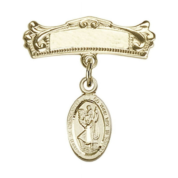 14kt Yellow Gold Baby Badge with St. Christopher Charm and Arched Polished Badge Pin 7/8 X 3/4 inches