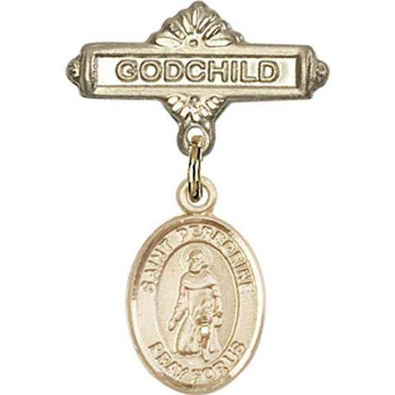14kt Yellow Gold Baby Badge with St. Peregrine Laziosi Charm and Godchild Badge Pin 1 X 5/8 inches