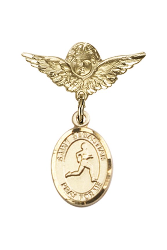 14kt Yellow Gold Baby Badge with St. Sebastian/Track & Field Charm and Angel w/Wings Badge Pin 1 X 3/4 inches
