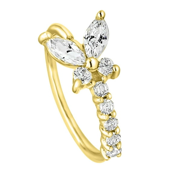 14kt Yellow Gold Butterfly Nose Ring Marquise & Round CZ Accented Nose Hoop BTF1YG