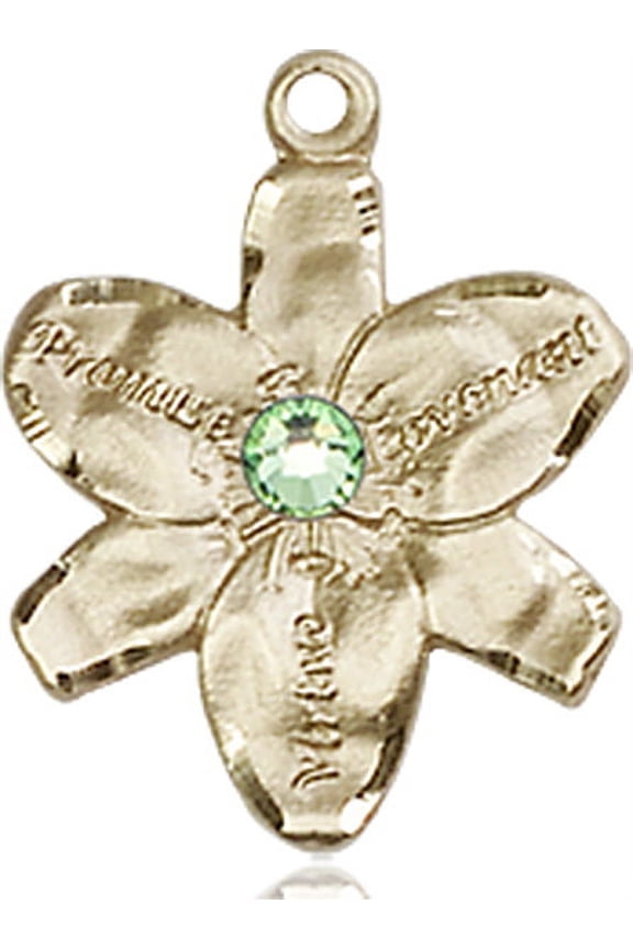 14kt Yellow Gold Chastity Medal with 3mm August Green Swarovski Crystal 5/8 x 1/2 inches