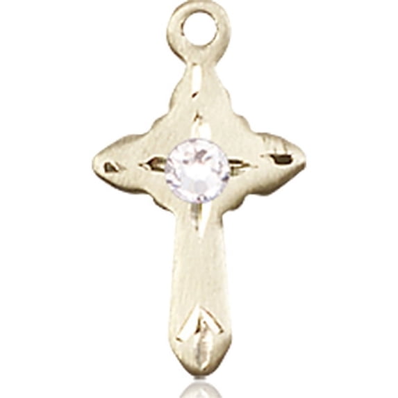 14kt Yellow Gold Cross Medal with 3mm April Swarovski Crystal 5/8 x 3/8 inches