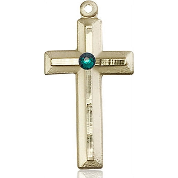 14kt Yellow Gold Cross Medal with 3mm May Green Swarovski Crystal 1 1/8 x 1/2 inches