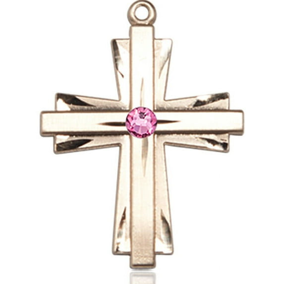 14kt Yellow Gold Cross Medal with 3mm October Rose Swarovski Crystal 1 X 3/4 inches