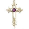 thumbnail image 1 of 14kt Yellow Gold Cross on Cross Medal with 3mm February Purple Swarovski Crystal 7/8 X 1/2 inches, 1 of 1