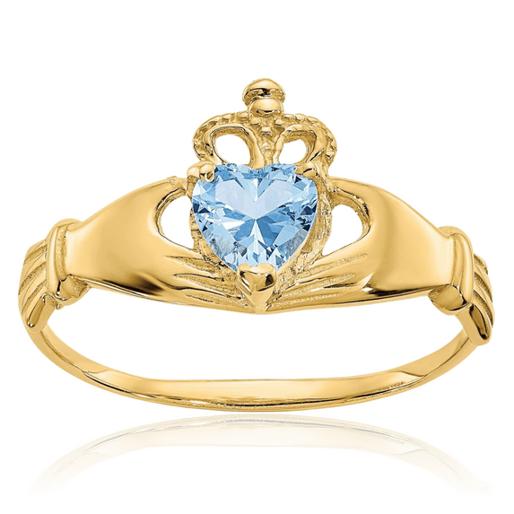 14K Solid Yellow Gold Cubic Zirconia CZ Heart Irish Claddagh Celtic Ring Love Band March Birthstone Jewelry