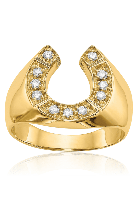14K Solid Yellow Gold Diamond Mens Lucky Horseshoe Ring Animal Lover Equestrian Band