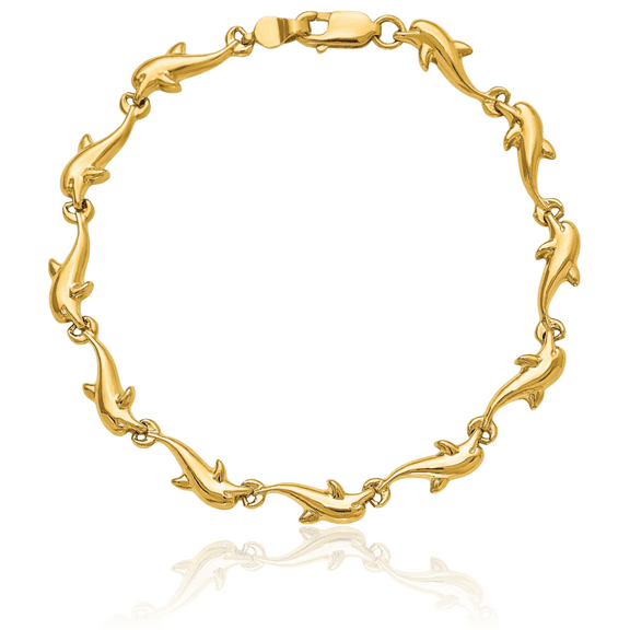 14K Solid Yellow Gold Sea Dolphin Ocean Fish Beach Nautical Chain Charm Bracelet