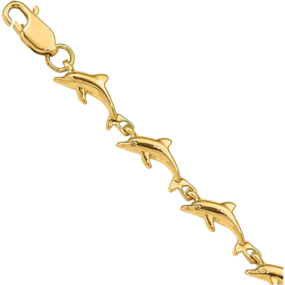 14K Solid Yellow Gold Sea Dolphin Ocean Fish Beach Nautical Chain Charm Bracelet