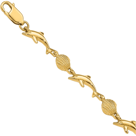 14K Solid Yellow Gold Sea Dolphin Ocean Fish Beach Nautical Shell Chain Charm Bracelet