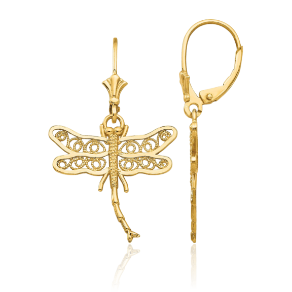 14K Solid Yellow Gold Dragonfly Antique Filigree Wings Drop Dangle Earrings