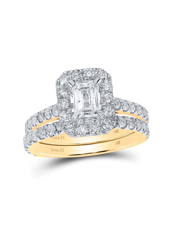 14kt Yellow Gold Emerald Diamond Halo Bridal Wedding Ring Band Set 1-7/8 Cttw