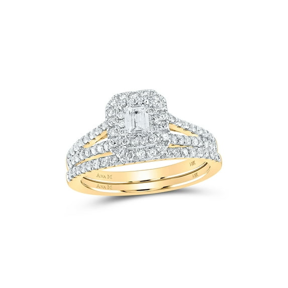 14kt Yellow Gold Emerald Diamond Halo Bridal Wedding Ring Band Set 1 Cttw