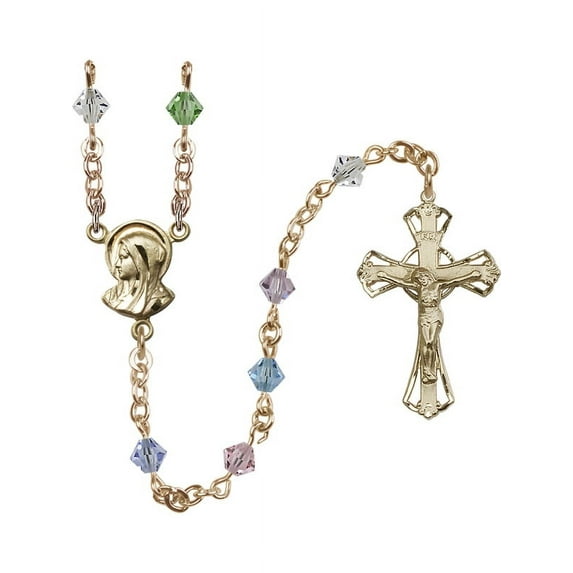14kt Yellow Gold Filled Rosary 5mm Multi-Color Swarovski Rundell-Shaped beads Crucifix sz 1 1/4 x 3/4. Madonna medal charm