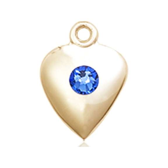 14kt Yellow Gold Heart Medal with 3mm September Blue Swarovski Crystal 1 1/4 x 1 5/8 inches