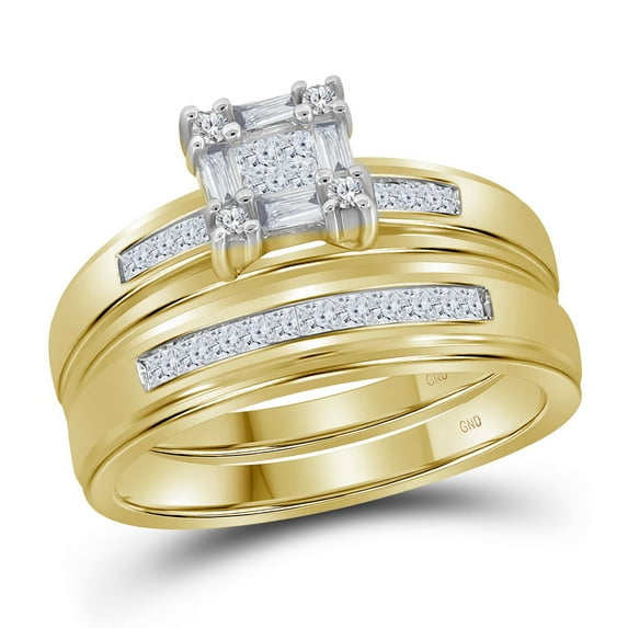14kt Yellow Gold His Hers Princess Diamond Cluster Matching Bridal Wedding Ring Band Set 5/8 Cttw