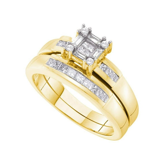14kt Yellow Gold His Hers Princess Diamond Cluster Matching Bridal Wedding Ring Band Set 5/8 Cttw