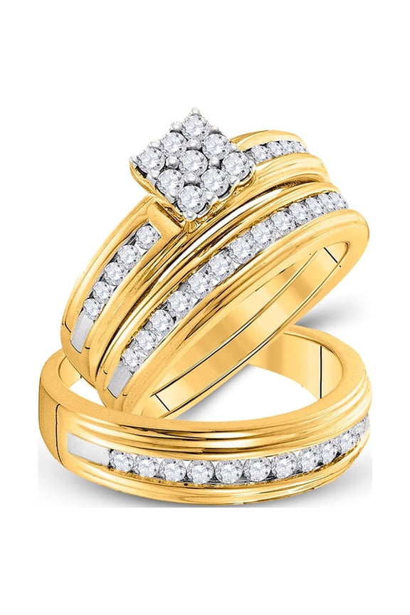 14kt Yellow Gold His Hers Princess Diamond Cluster Matching Wedding Set 1 Cttw