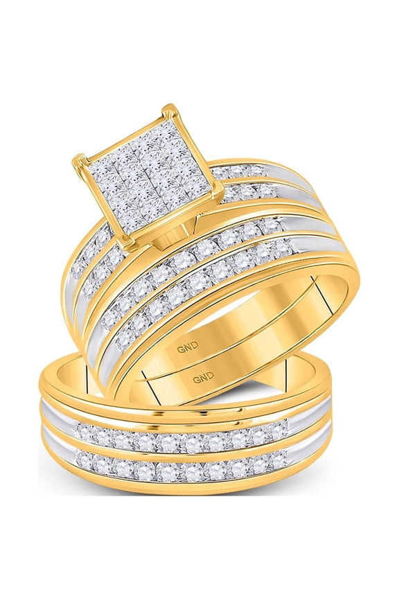 14kt Yellow Gold His Hers Princess Diamond Square Matching Wedding Set 1-1/2 Cttw