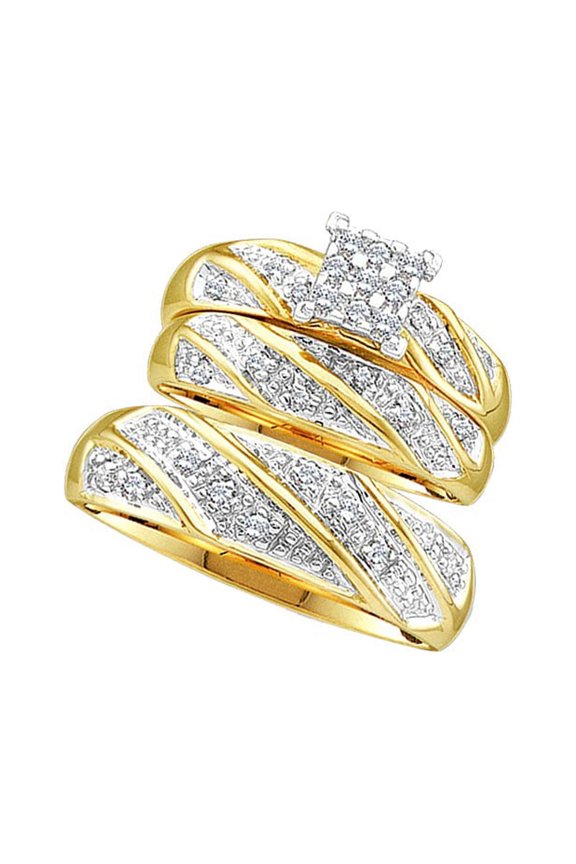 14kt Yellow Gold His & Hers Round Diamond Cluster Matching Bridal Wedding Ring Band Set 1/4 Cttw