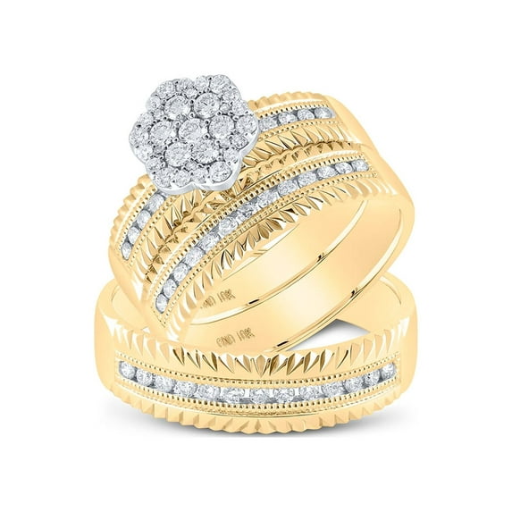 14kt Yellow Gold His Hers Round Diamond Cluster Matching Wedding Set 3/4 Cttw