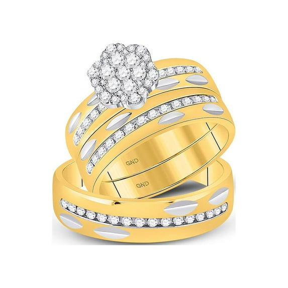 14kt Yellow Gold His Hers Round Diamond Cluster Matching Wedding Set 3/4 Cttw