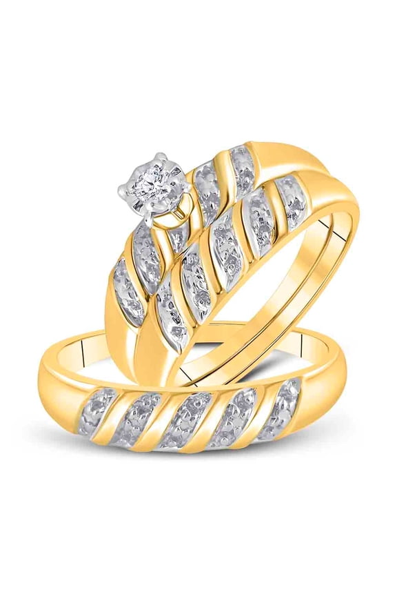 14kt Yellow Gold His Hers Round Diamond Solitaire Matching Bridal Wedding Ring Band Set 1/20 Cttw