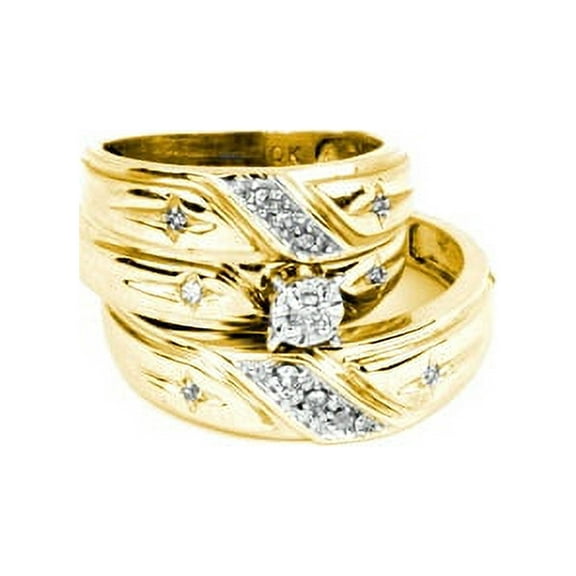 14kt Yellow Gold His & Hers Round Diamond Solitaire Matching Bridal Wedding Ring Band Set 1/6 Cttw