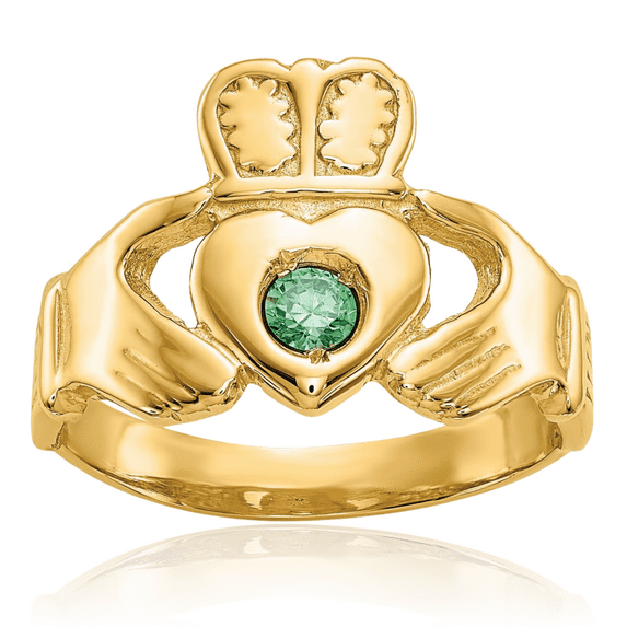 14K Solid Yellow Gold Green Stone Heart Irish Claddagh Celtic Ring Jewelry