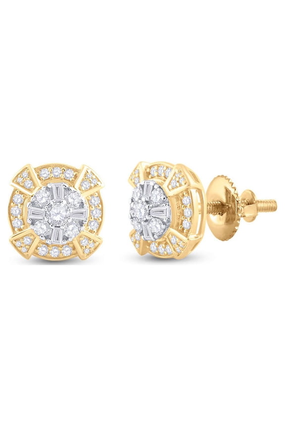 14kt Yellow Gold Mens Baguette Diamond Circle Cluster Earrings 3/4 Cttw