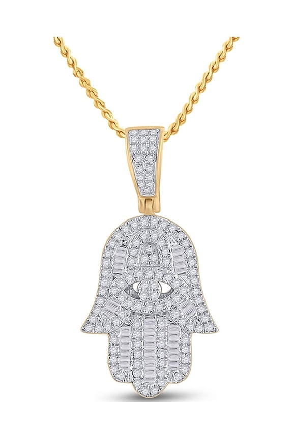 14kt Yellow Gold Mens Baguette Diamond Hamsa Hand Charm Pendant 1/2 Cttw
