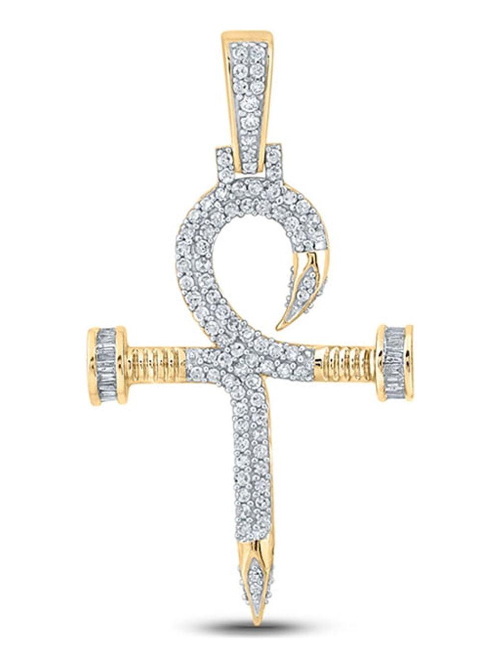 14kt Yellow Gold Mens Baguette Diamond Nail Cross Charm Pendant 3/4 Cttw
