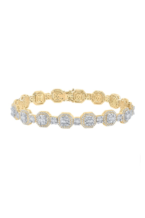 14kt Yellow Gold Mens Baguette Diamond Octagon Link Bracelet 6-1/4 Cttw