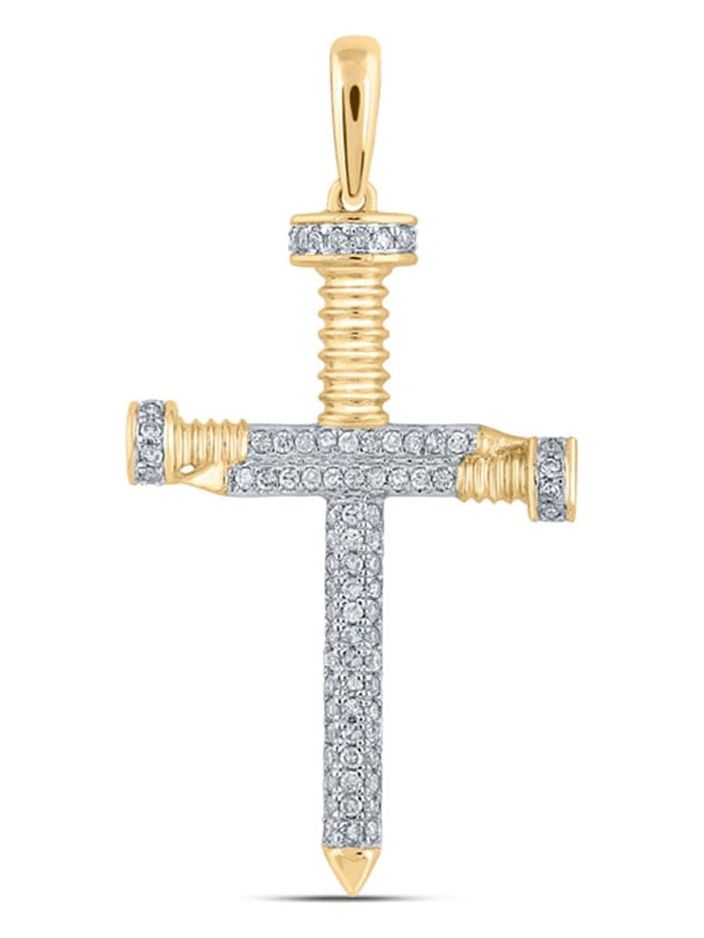 14kt Yellow Gold Mens Round Diamond Nail Cross Charm Pendant 1/3 Cttw