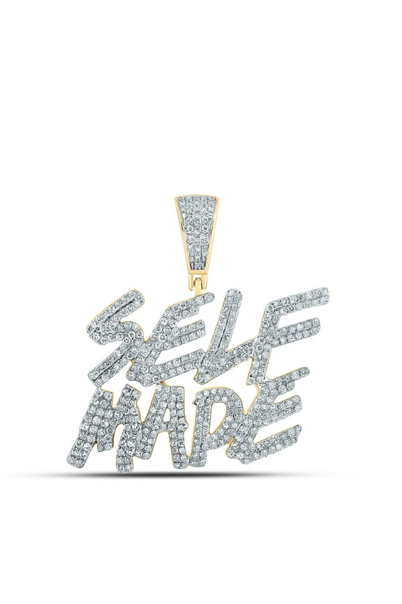 14kt Yellow Gold Mens Round Diamond SELF MADE Phrase Charm Pendant 1-3/8 Cttw