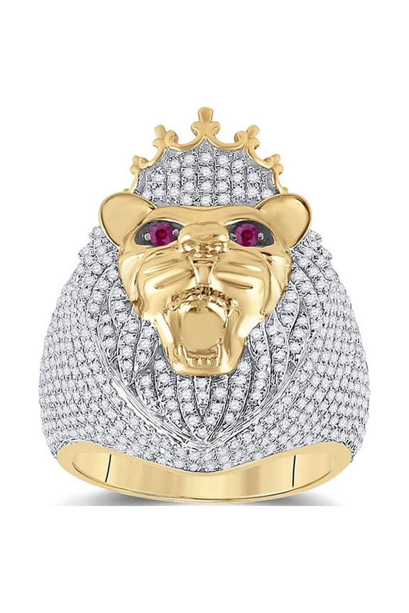 14kt Yellow Gold Mens Round Ruby Diamond Lion Face Animal Ring 1-3/4 Cttw