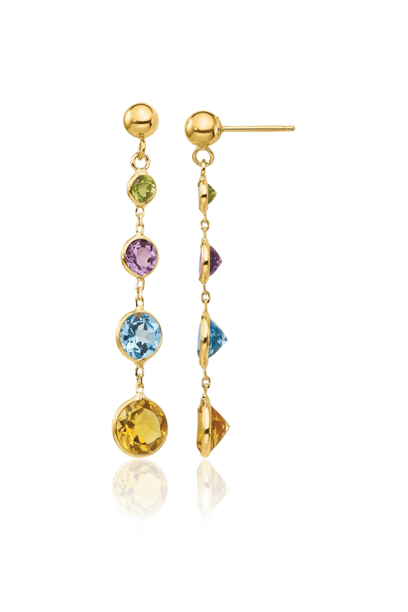 14K Solid Yellow Gold Multi-color Rainbow Gemstone Drop Dangle Earrings