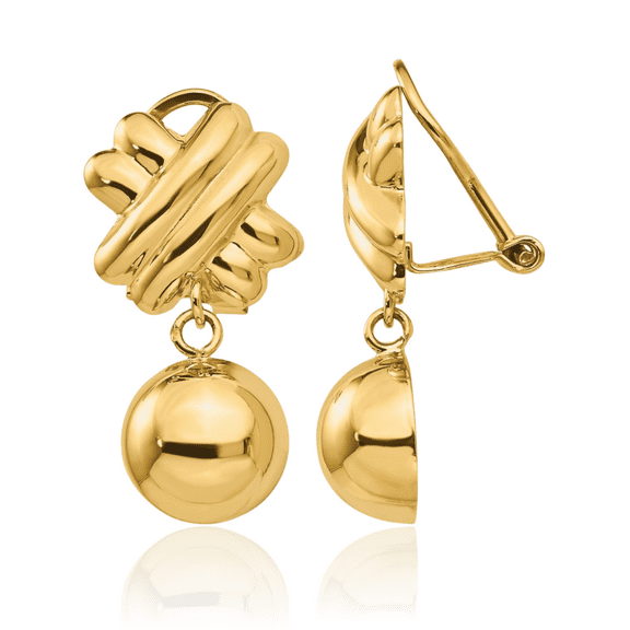14K Solid Yellow Gold Non Pierced Clip On Ball Drop Dangle Earrings