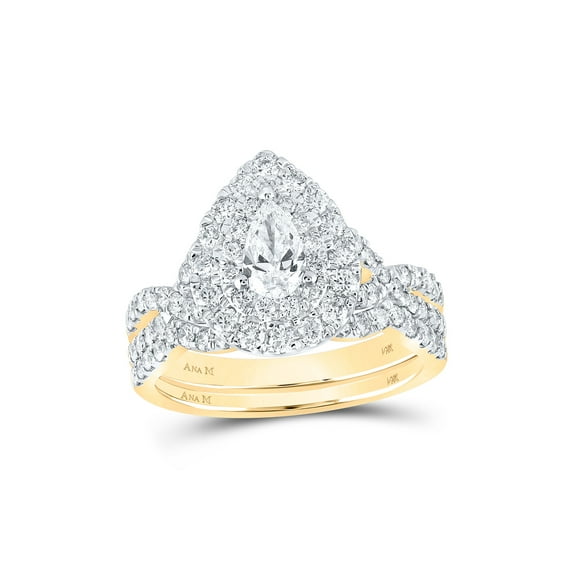 14kt Yellow Gold Pear Diamond Halo Bridal Wedding Ring Band Set 1-1/2 Cttw