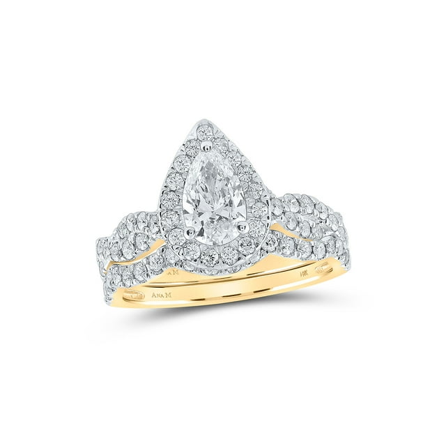 14kt Yellow Gold Pear Diamond Halo Bridal Wedding Ring Band Set 1-1/2 ...
